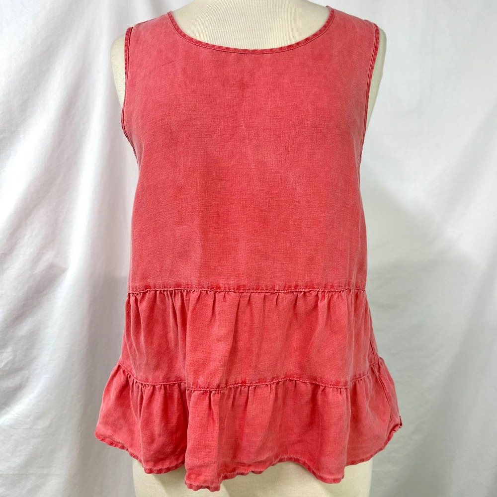 CYNTHIA ROWLEY 100% Linen Pink Ruffle Peplum Tiered Tank‎ Women's S Relaxed Boho